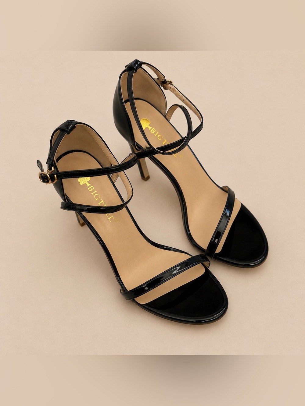 BigTree Black Patent Strappy Stiletto Heels EU 40 | Minimal Ankle Strap Sandals